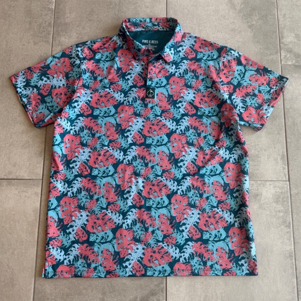 Pins & Aces Mens XXL Performance Golf Polo Tropical Monstera Leaf Print Teal